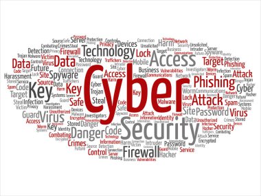 Vektör kavram ya da kavramsal siber güvenlik erişim teknolojisi soyut kelime izole bulut arka plan. Kimlik avı, anahtar virüs, veri saldırı, suç, güvenlik duvarı parola, zarar, spam koruma metin kolaj