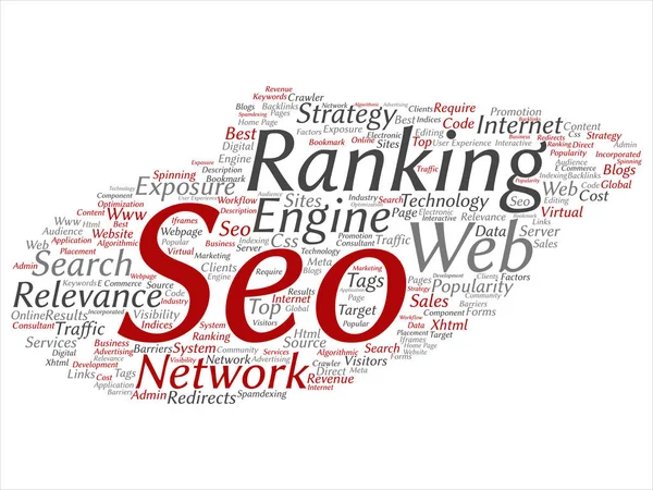 Vector conceptuele zoekresultaten zoekmachine optimalisatie top rank, seo abstracte online internet word cloud geïsoleerd op de achtergrond. Een marketing strategie webpagina inhoud relevantie netwerk concept tagloud — Stockvector