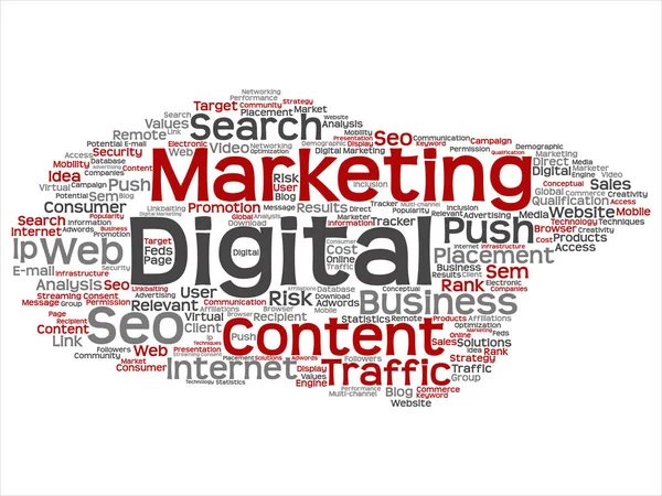 Concetto vettoriale o concettuale di marketing digitale seo traffico astratto parola cloud isolato su sfondo. Collage of business, market, content, search, web push, placement, communication technology text — Vettoriale Stock