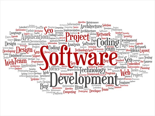 Vektör kavram ya da kavramsal yazılım geliştirme projesi teknoloji soyut kelime bulutu kodlama arka plan izole. Uygulama web tasarım, seo fikir, uygulama, test yükseltme metin kolaj