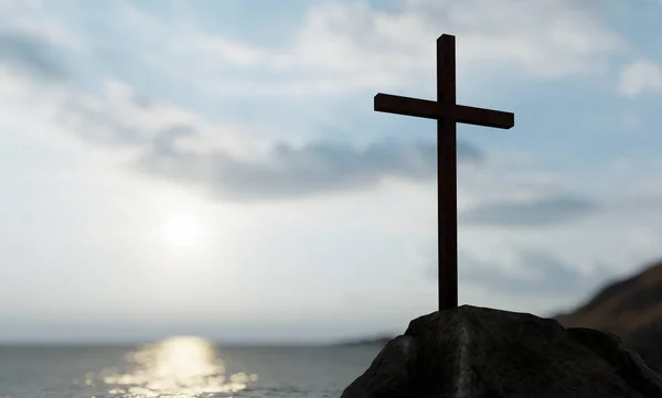 Conceito ou conceitual cruz cristã religiosa em pé sobre a rocha no mar ou oceano sobre belo céu pôr do sol. Um pano de fundo para a fé, crença religiosa, Jesus Cristo, igreja espiritual ilustração 3D — Fotografia de Stock