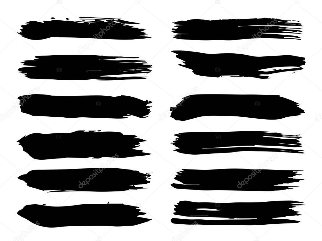 Collection of artistic grungy black paint hand made creative brush stroke set isolated on white background. A group of abstract grunge sketches for design education or graphic art decoration