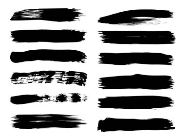 Beyaz arka planda sanatsal grungy siyah el vektör koleksiyonu, yaratıcı fırça darbesi setini izole etti. Tasarım eğitimi veya grafik sanat dekorasyonu için bir grup soyut grunge çizimi