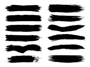 Beyaz arka planda sanatsal grungy siyah el vektör koleksiyonu, yaratıcı fırça darbesi setini izole etti. Tasarım eğitimi veya grafik sanat dekorasyonu için bir grup soyut grunge çizimi