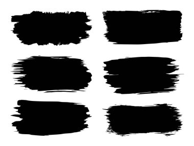 Vektör koleksiyonu ya da sanatsal siyah boya seti, mürekkep ya da akrilik el, grunge ya da grungy art olarak beyaza izole edilmiş yaratıcı fırça darbeleri, eğitim soyut unsurlar çerçeve tasarımı
