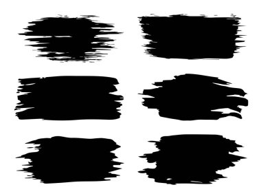 Vektör koleksiyonu ya da sanatsal siyah boya seti, mürekkep ya da akrilik el, grunge ya da grungy art olarak beyaza izole edilmiş yaratıcı fırça darbeleri, eğitim soyut unsurlar çerçeve tasarımı