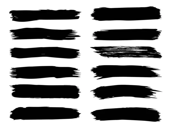 Коллекция художественной грандиозной черной краски руки сделал творческий набор мазков кисти изолированы на белом фоне. Группа эскизов для обучения дизайну или оформления графики — стоковое фото
