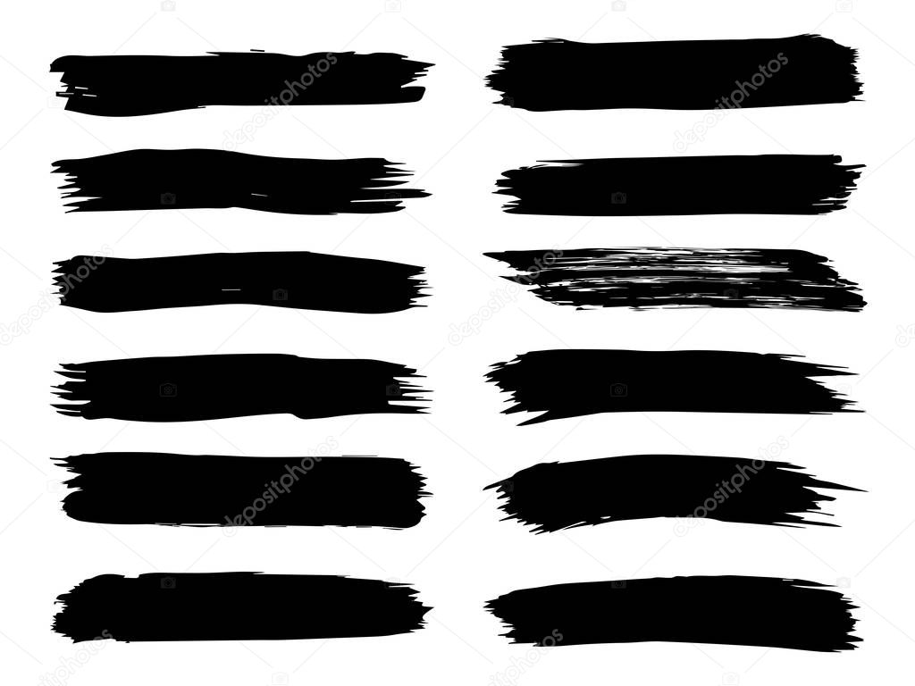 Collection of artistic grungy black paint hand made creative brush stroke set isolated on white background. A group of abstract grunge sketches for design education or graphic art decoration