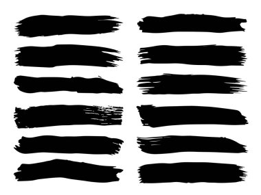 Sanatsal grungy siyah boya el yapılmış yaratıcı fırça darbesi topluluğu izole üzerinde beyaz arka plan ayarlayın. Soyut grunge skeçler tasarım eğitim veya grafik sanatı dekorasyon için bir grup