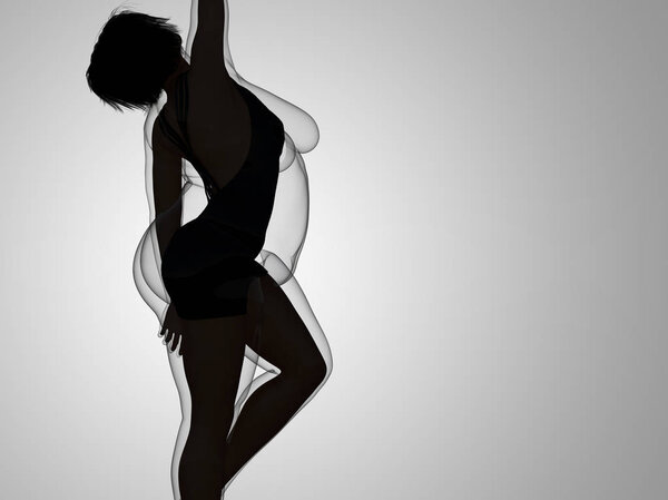 Концептуальный жир лишний вес толстая женщина против стройный подходят здоровое тело после потери веса или диеты с мышцами тонкой молодой женщины на сером. Фитнес, питание или ожирение, 3D иллюстрация формы здоровья
