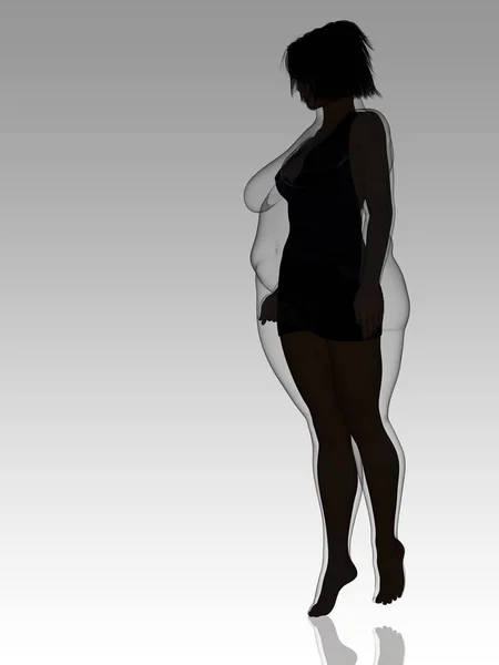 Lemak konseptual obesitas berat badan wanita vs ramping fit tubuh sehat setelah penurunan berat badan atau diet dengan otot wanita muda kurus pada abu-abu. Sebuah kebugaran, nutrisi atau kegemukan, bentuk kesehatan ilustrasi 3D — Stok Foto