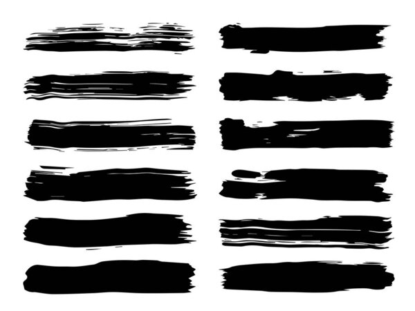 Коллекция художественной грандиозной черной краски руки сделал творческий набор мазков кисти изолированы на белом фоне. Группа эскизов для обучения дизайну или оформления графики
