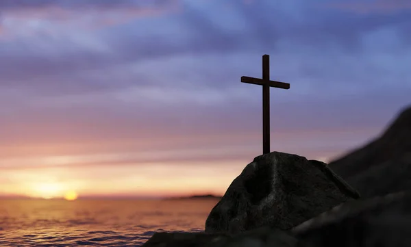 コンセプトや概念的な宗教的なキリスト教のクロスは、美しい夕日の空の上に海や海の岩の上に立っています。信仰、宗教信仰、イエス・キリスト、霊的な教会3Dイラストの背景 — ストック写真