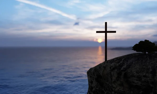 Concept or conceptual religious christian cross standing on rock in the sea or ocean over beautiful sunset sky. A background for faith, religion belief, Jesus Christ, spiritual church 3D illustration — Stock Photo, Image