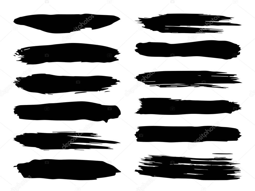 Collection of artistic grungy black paint hand made creative brush stroke set isolated on white background. A group of abstract grunge sketches for design education or graphic art decoration