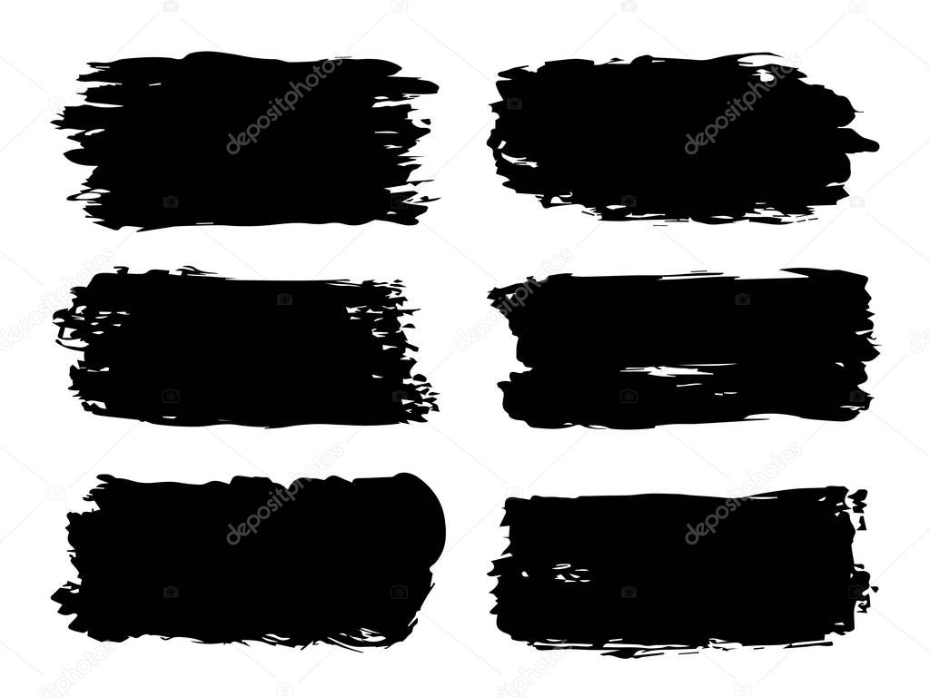 Collection or set of artistic black paint, ink or acrylic hand made creative brush stroke backgrounds isolated on white as grunge or grungy art, education abstract elements frame design