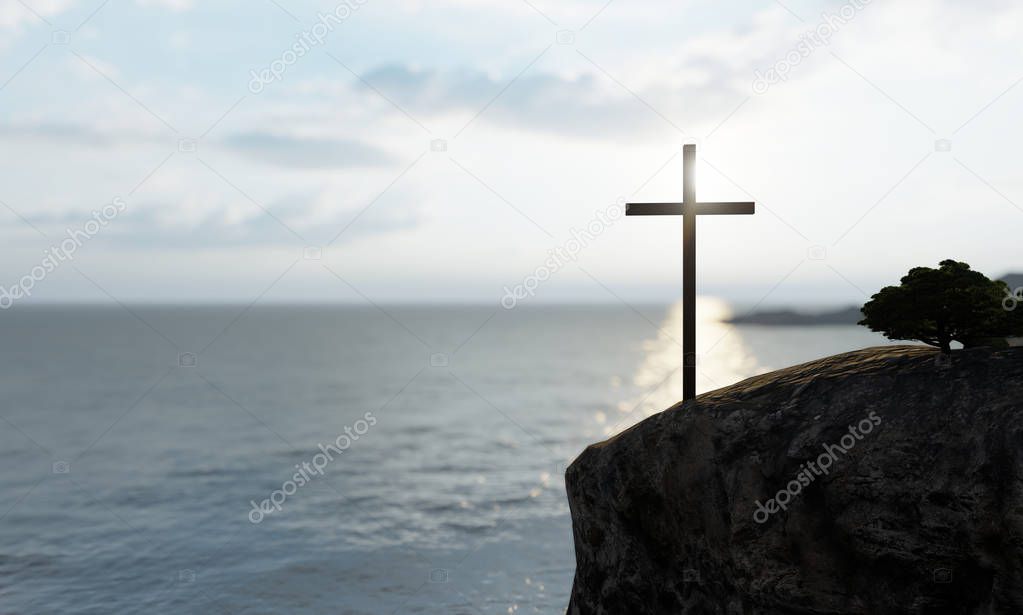 Concept or conceptual religious christian cross standing on rock in the sea or ocean over beautiful sunset sky. A background for faith, religion belief, Jesus Christ, spiritual church 3D illustration