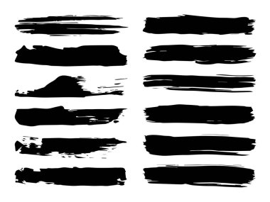 Beyaz arka planda sanatsal grungy siyah el vektör koleksiyonu, yaratıcı fırça darbesi setini izole etti. Tasarım eğitimi veya grafik sanat dekorasyonu için bir grup soyut grunge çizimi