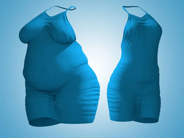 개념적 지방과 체중 비만 여성 드레스 의상 vs 슬림 맞는 건강 한 체중 감소 후 또는 파랑에 얇은 젊은 여자 다이어트. 피트 니스, 영양 또는 비만 비만 건강 모양 3 차원 일러스트 레이 션 — 스톡 사진