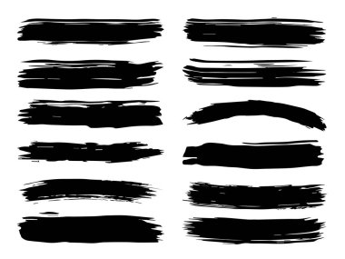 Beyaz arka planda sanatsal grungy siyah el vektör koleksiyonu, yaratıcı fırça darbesi setini izole etti. Tasarım eğitimi veya grafik sanat dekorasyonu için bir grup soyut grunge çizimi