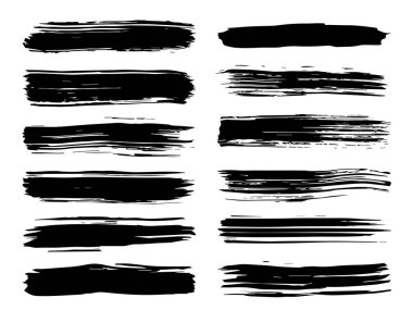 Beyaz arka planda sanatsal grungy siyah el vektör koleksiyonu, yaratıcı fırça darbesi setini izole etti. Tasarım eğitimi veya grafik sanat dekorasyonu için bir grup soyut grunge çizimi