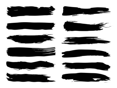 Beyaz arka planda sanatsal grungy siyah el vektör koleksiyonu, yaratıcı fırça darbesi setini izole etti. Tasarım eğitimi veya grafik sanat dekorasyonu için bir grup soyut grunge çizimi