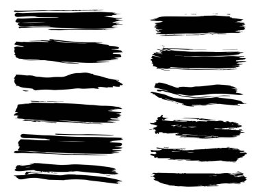Beyaz arka planda sanatsal grungy siyah el vektör koleksiyonu, yaratıcı fırça darbesi setini izole etti. Tasarım eğitimi veya grafik sanat dekorasyonu için bir grup soyut grunge çizimi