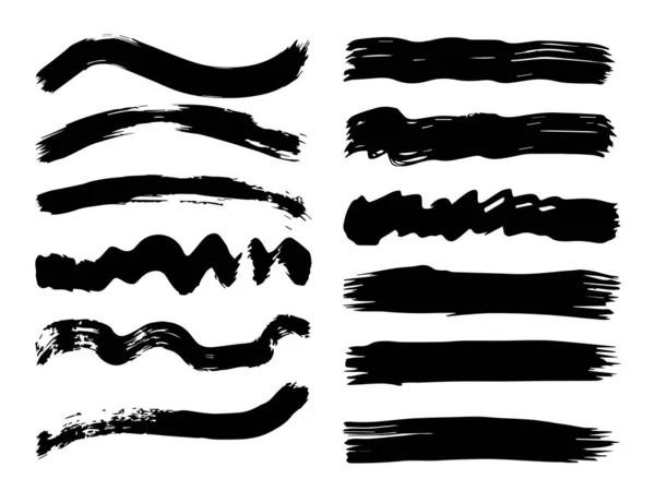 Colección vectorial de pintura negra grumosa artística hecha a mano conjunto de pinceladas creativas aisladas sobre fondo blanco. Un grupo de bocetos grunge abstractos para la educación en diseño o la decoración de arte gráfico — Vector de stock