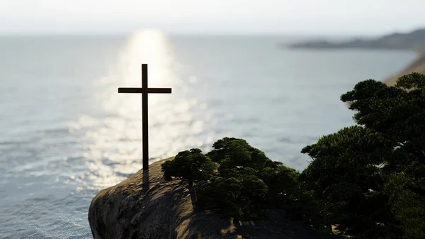 Conceito ou conceitual cruz cristã religiosa em pé sobre a rocha no mar ou oceano sobre belo céu pôr do sol. Um pano de fundo para a fé, crença religiosa, Jesus Cristo, igreja espiritual ilustração 3D — Fotografia de Stock