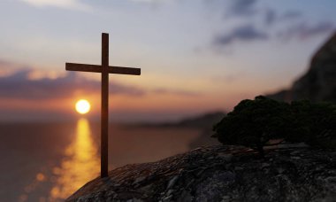 Concept or conceptual religious christian cross standing on rock in the sea or ocean over beautiful sunset sky. A background for faith, religion belief, Jesus Christ, spiritual church 3D illustration clipart