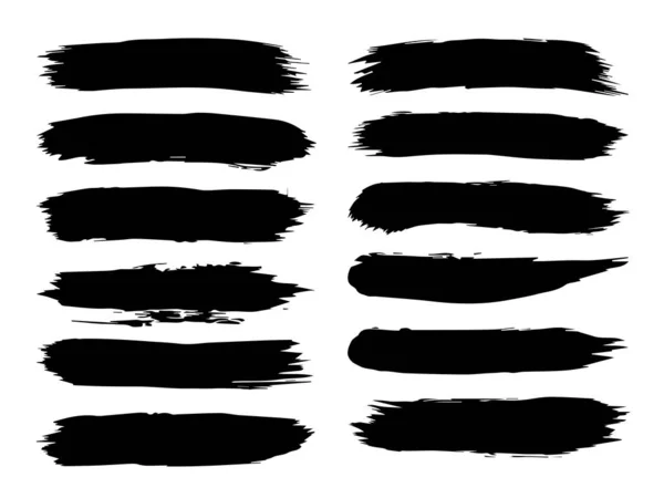 Vector collectie van artistieke grungy zwarte verf hand gemaakt creatieve penseelstreek set geïsoleerd op witte achtergrond. Een groep abstracte grunge schetsen voor design onderwijs of grafische kunst decoratie — Stockvector