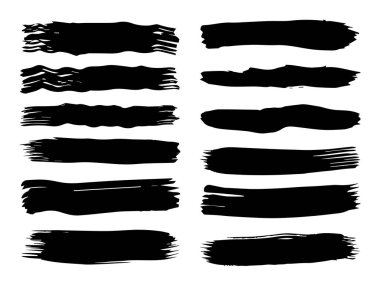 Sanatsal grungy siyah boya el yapılmış yaratıcı fırça darbesi topluluğu izole üzerinde beyaz arka plan ayarlayın. Soyut grunge skeçler tasarım eğitim veya grafik sanatı dekorasyon için bir grup