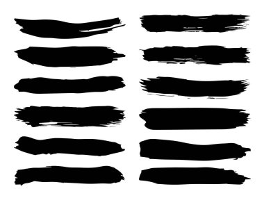 Sanatsal grungy siyah boya el yapılmış yaratıcı fırça darbesi topluluğu izole üzerinde beyaz arka plan ayarlayın. Soyut grunge skeçler tasarım eğitim veya grafik sanatı dekorasyon için bir grup