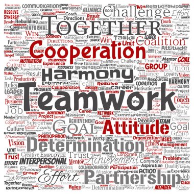 Kavramsal takım çalışması yönetimi kare kırmızı ortaklık fikri veya başarı hedefi kelime bulut izole arka plan. Grup işbirliği çözümü veya takım konsepti tasarımı olarak iş stratejisinin kolajı