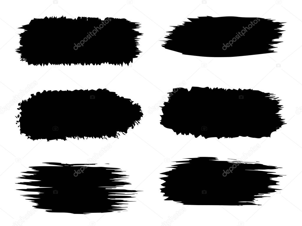 Collection or set of artistic black paint, ink or acrylic hand made creative brush stroke backgrounds isolated on white as grunge or grungy art, education abstract elements frame design