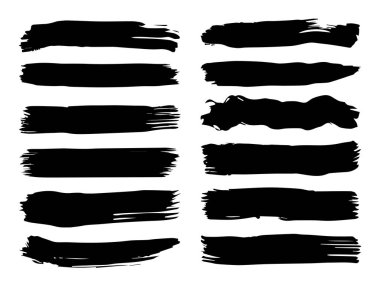 Sanatsal grungy siyah boya el yapılmış yaratıcı fırça darbesi topluluğu izole üzerinde beyaz arka plan ayarlayın. Soyut grunge skeçler tasarım eğitim veya grafik sanatı dekorasyon için bir grup