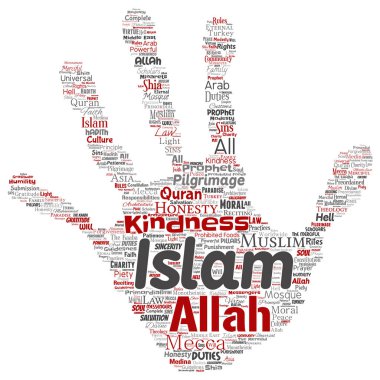 Kavramsal islam, Peygamber, Cami el baskı damga kelime izole bulut arka plan. Müslüman, ramadam, Kur'an-ı Kerim, Hac, Allah'ın, görevleri, sanat, hat, oryantal, gelenek kavramı kolaj