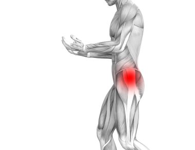 Kırmızı sıcak nokta inflamasyon eklem eklem ağrısı için bacak sağlık tedavi veya spor kas kavramı ile kavramsal hip insan anatomisi. 3D çizim adam artrit veya kemik boğaz osteoporoz hastalığı