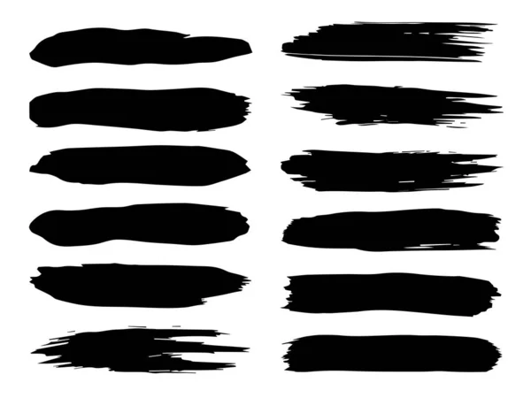 Коллекция художественной грандиозной черной краски руки сделал творческий набор мазков кисти изолированы на белом фоне. Группа эскизов для обучения дизайну или оформления графики — стоковое фото