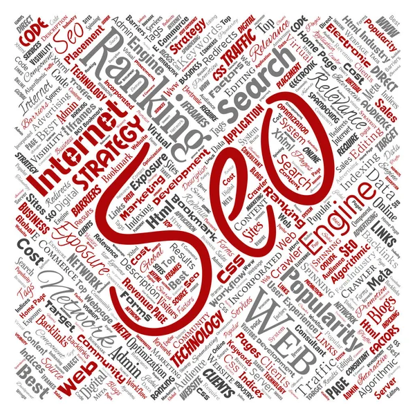 Conceptual search results engine optimization top rank seo square red online internet word cloud text isolated on background. Marketing strategy web page content relevance network concept