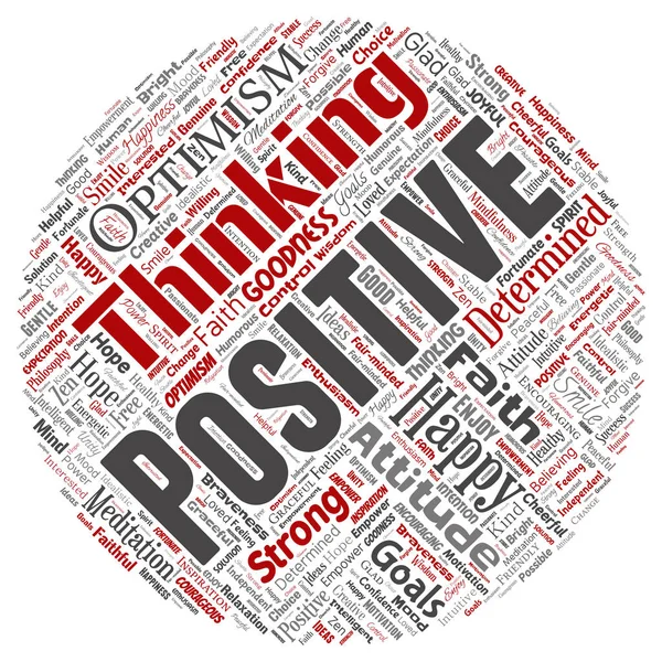 Conceptual positive thinking, happy strong attitude round circle red word cloud isolated on background. Collage of optimism smile, faith, courageous goals, goodness or happiness inspiration — Stock Photo, Image