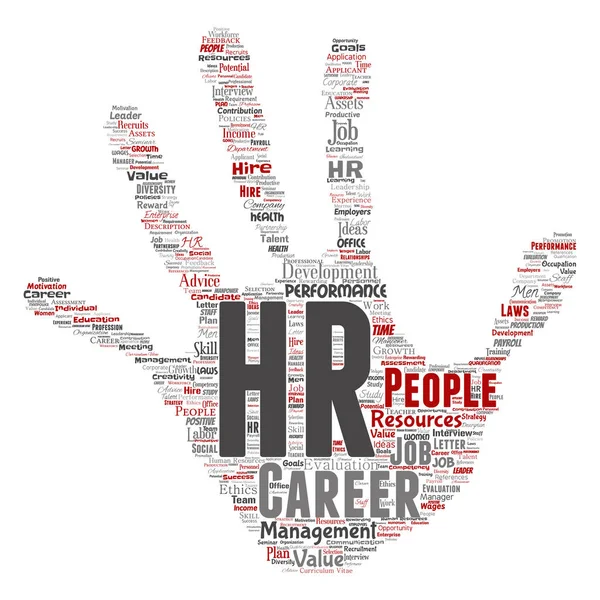 Concept conceptual hr or human resources career management hand print stamp word cloud isolated background. Collage of workplace, development, hiring success, competence goal, corporate or job