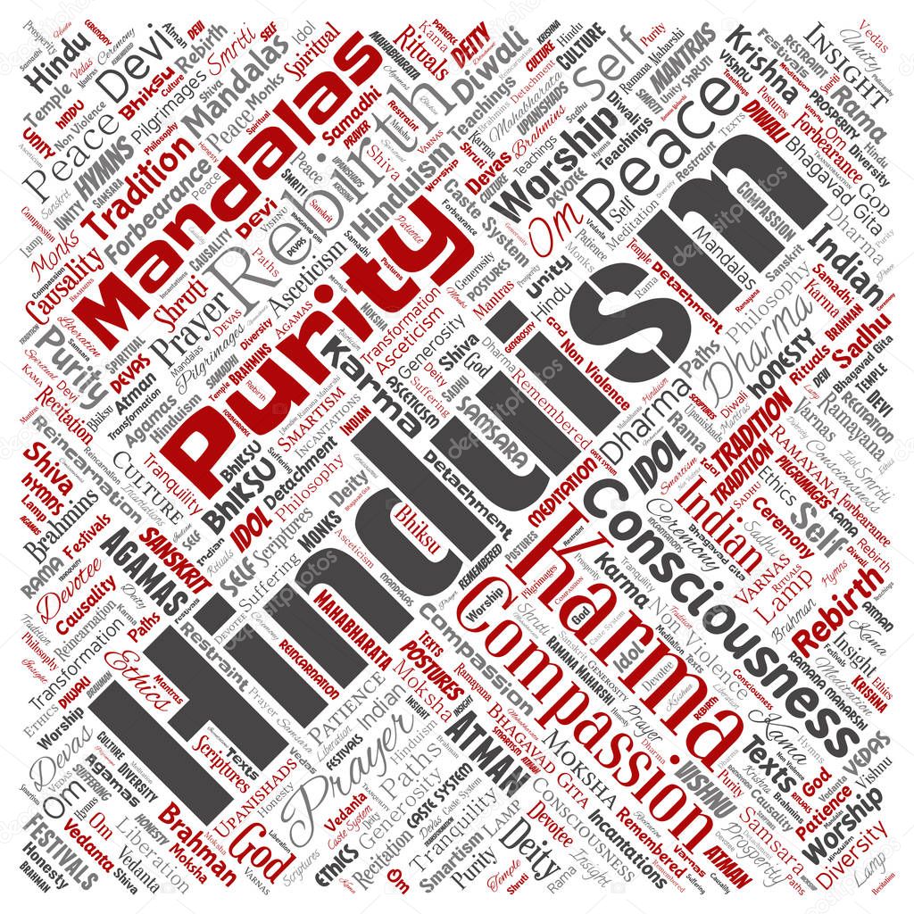 Conceptual hinduism, shiva, rama, yoga square red word cloud isolated background. Collage of mandalas, samsara, celebration, tradition, peace, compassion, rebirth, karma, dharma concept