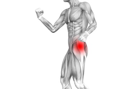 Kırmızı sıcak nokta inflamasyon eklem eklem ağrısı için bacak sağlık tedavi veya spor kas kavramı ile kavramsal hip insan anatomisi. 3D çizim adam artrit veya kemik boğaz osteoporoz hastalığı