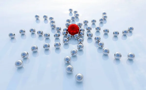 Concepto o colección conceptual de bolas con una roja que destaca sobre fondo azul como metáfora de la creatividad, el liderazgo y la independencia. Un coraje, acción y éxito 3d ilustración —  Fotos de Stock