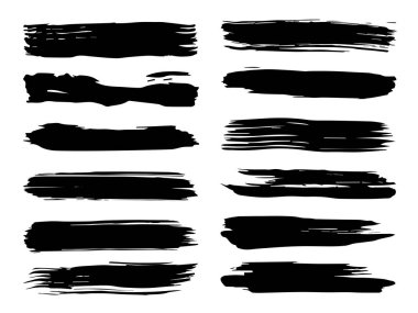 Sanatsal grungy siyah boya el yapılmış yaratıcı fırça darbesi topluluğu izole üzerinde beyaz arka plan ayarlayın. Soyut grunge skeçler tasarım eğitim veya grafik sanatı dekorasyon için bir grup