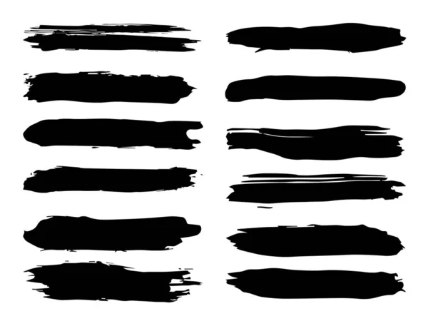 Gyűjtemény a művészi szutykos fekete festékkel kézzel készített kreatív ecsetvonás beállítása a elszigetelt fehér háttér. Absztrakt grunge vázlatok design oktatás vagy grafikai díszítése egy csoportja — Stock Fotó