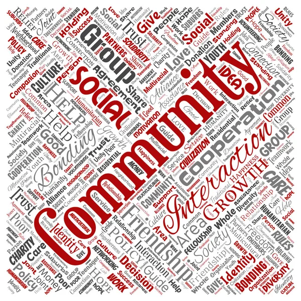 Konceptuell gemenskap, social, anslutning kvadrat röda ordet molnisolerad bakgrund. Collage av grupp, teamwork, mångfald, vänskap, kommunikation, inkludering, omsorg, respekt Concept — Stockfoto