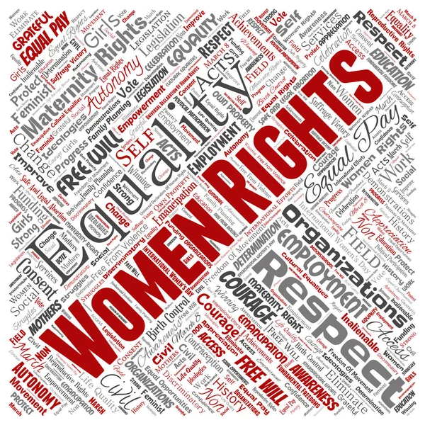 Fogalmi nők jogait, az egyenlőség, szabad-will szögletes piros szó felhő elszigetelt hátteret. Kollázs a feminizmus, a felhatalmazás, az integritás, a lehetőségek, a tudatosság, a bátorság, az oktatás, a tisztelet fogalma — Stock Fotó