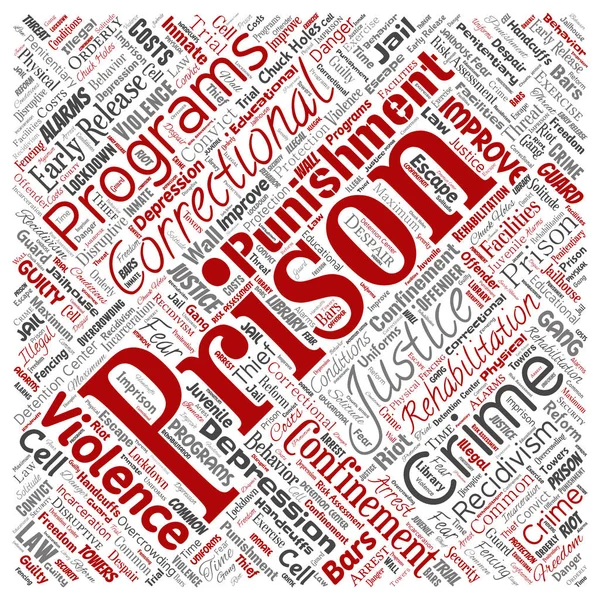 Εννοιολογική φυλακή, δικαιοσύνη, εγκληματικότητα, κόκκινη λέξη σύννεφο, απομονωμένο φόντο. Κολάζ της τιμωρίας, νόμος, δικαιώματα, κοινωνική, εξουσία, σύστημα, πολιτική, δίκη, αποκατάσταση, έννοια της ελευθερίας — Φωτογραφία Αρχείου
